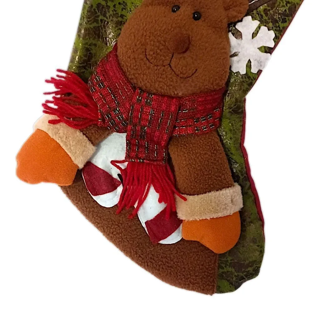 Reindeer‎ Moose Christmas Stocking Plush Folk Art Cabin Rustic Farmhouse Holiday